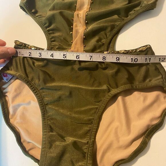 Custom solo dance costume leotard embellished olive green gold rhinestone SA - Picture 11 of 13